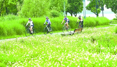 5月16日，一群爱好户外运动的市民骑行在开满鲜花的东湖绿道上。记者高勇 摄