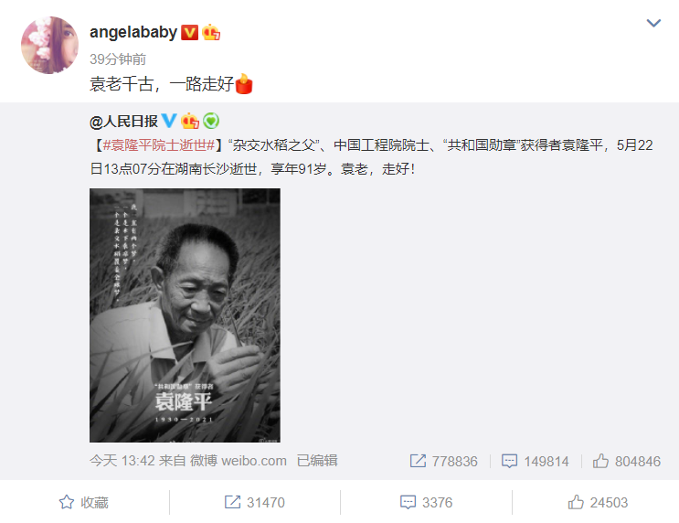 近百位明星痛悼袁隆平院士：袁老千古，一路走好！