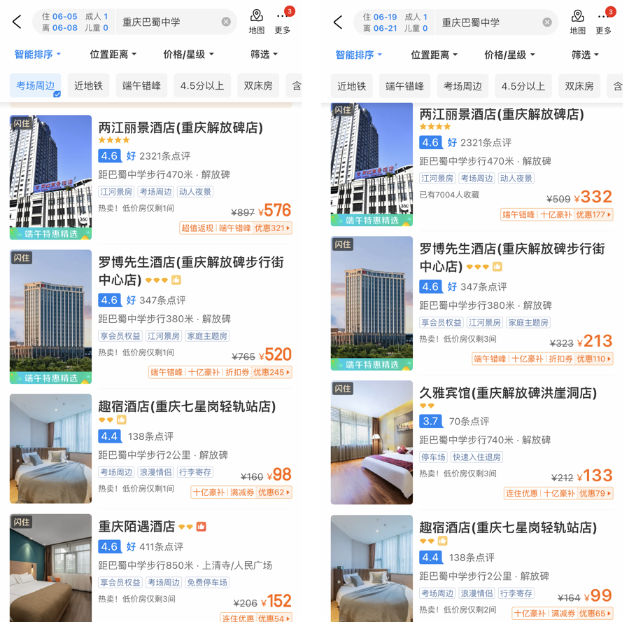 高考期间重庆巴蜀中学考点附近的酒店价格暴涨