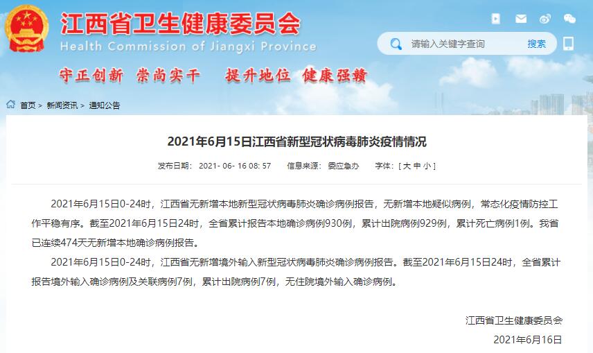 21年6月15日江西疫情通报 已连续474天无新增本地确诊病例 赣州频道 手机江西网