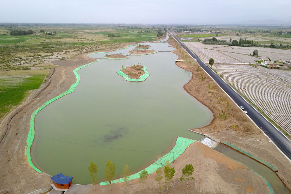 这是6月10日拍摄的临泽县临平路乡村振兴带水系连通建设现场（无人机照片）新华社记者 范培珅 摄