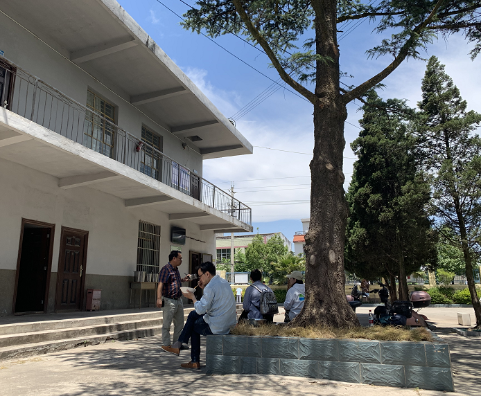 志愿者们坐在树下吃午餐