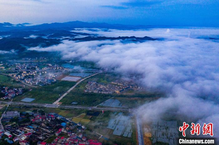 7月16日清晨，江西省瑞金市上空雨后出现平流雾。　马刚 摄