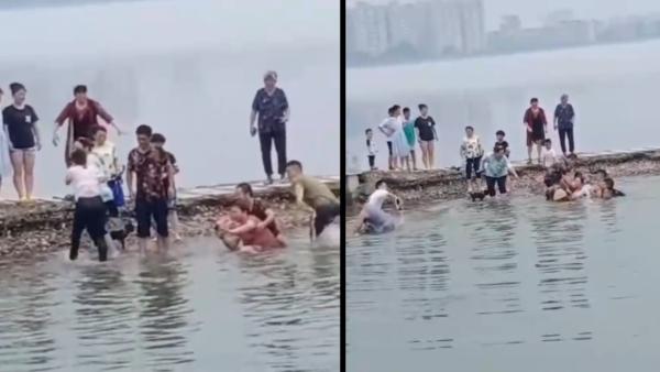 男孩浅滩玩水滑入深坑路人施救被淹，目击者：五男子跳水捞人