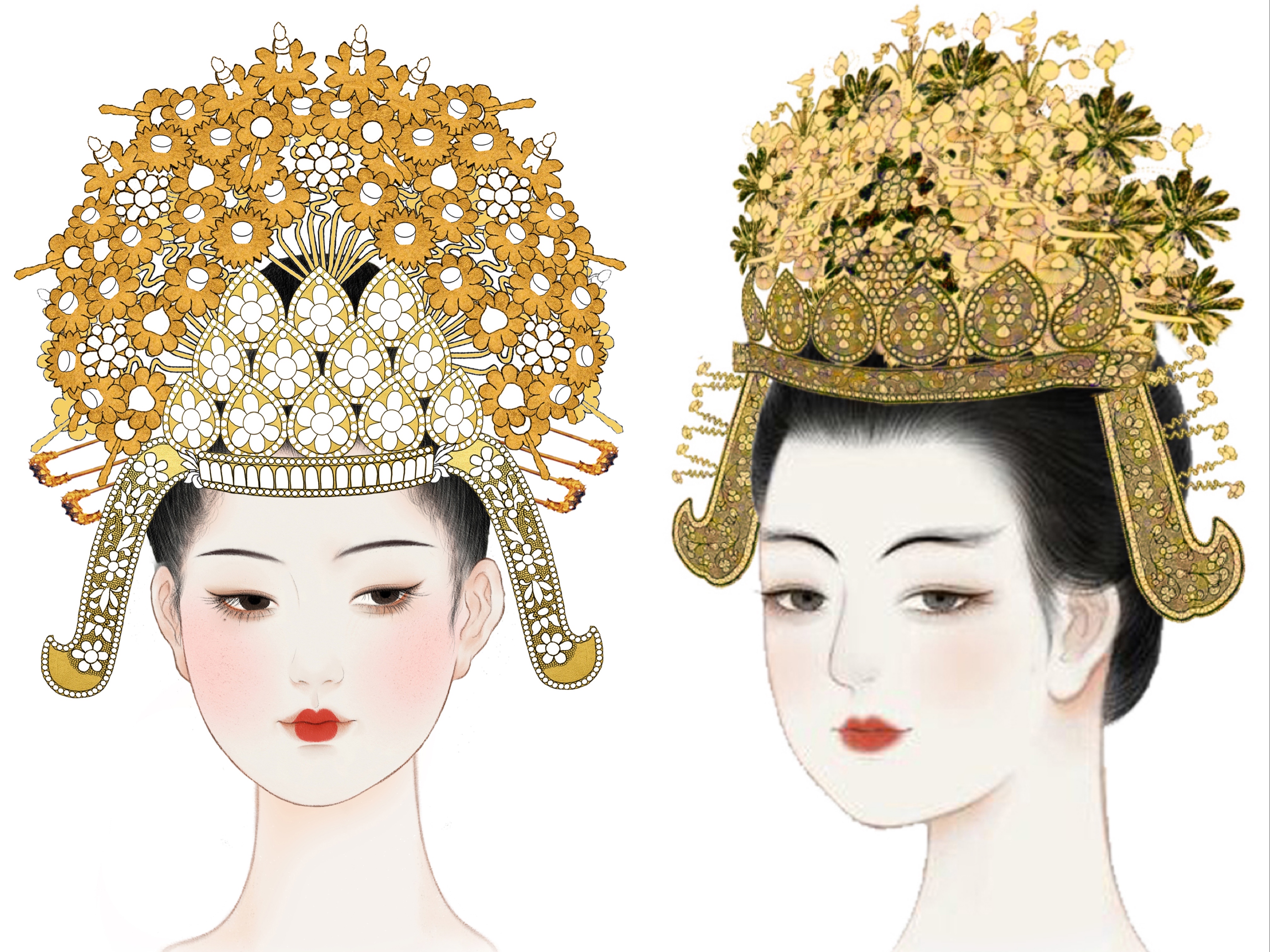 左为隋炀帝萧皇后十二钿花钗冠,右为武周时期的阎识微夫人裴氏的六钿