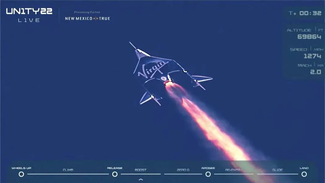 维珍银的太空飞机“团结”号点燃火箭，图源直播视频