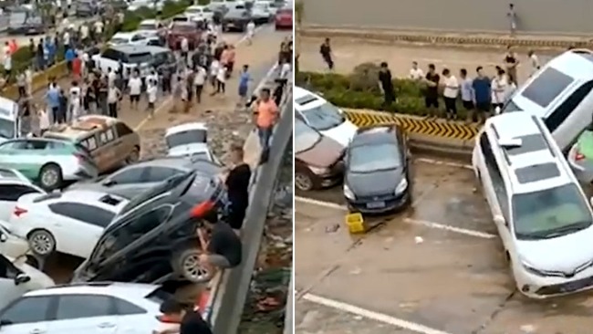 郑州京广快速路隧道入口积水已抽干 数十辆轿车堆叠在一起