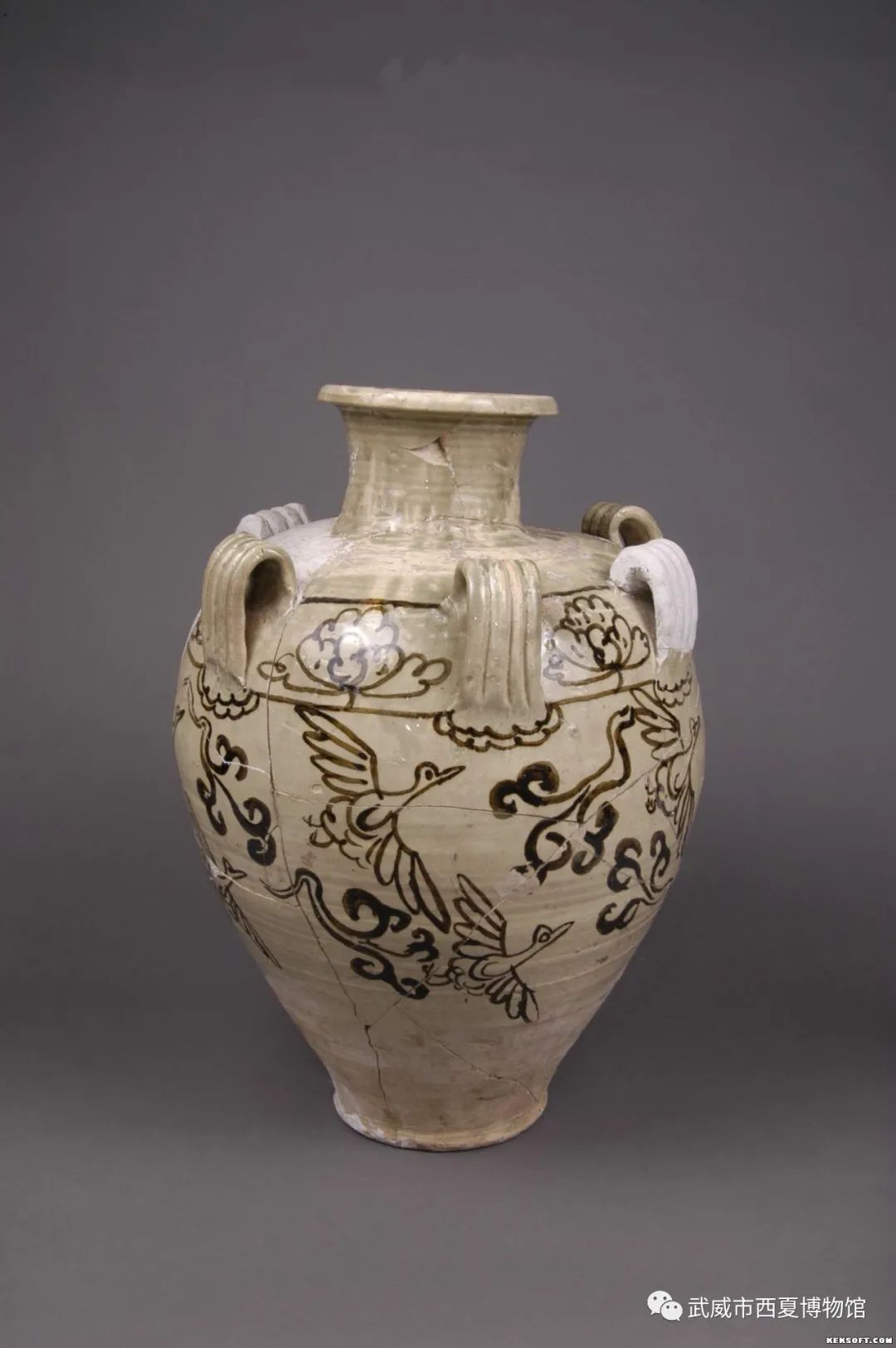 武威西博精品文物西夏白地黑花彩花鸟纹六系瓮