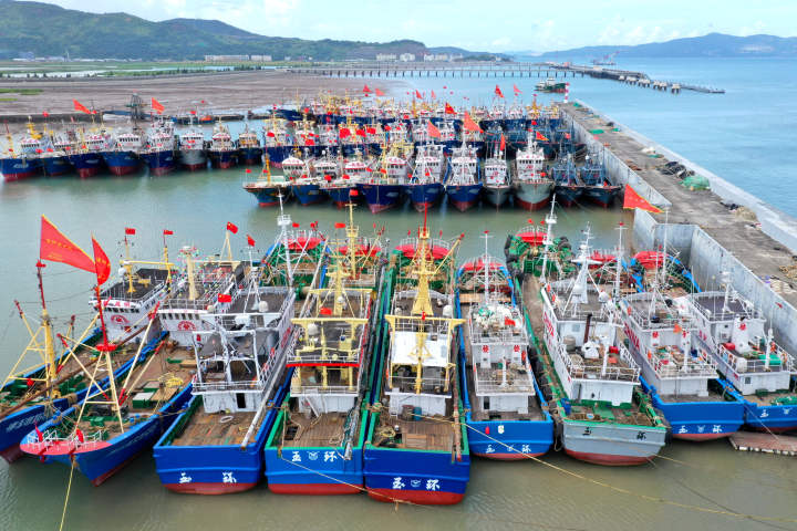7月20日，在玉环市大麦屿渔港码头，数百艘渔船停泊在渔港码头避风，渔民用绳索加固船只。拍友 段俊利 摄