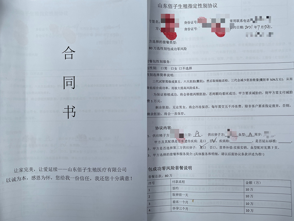 朱姐提供的合同书，该代孕服务名为“山东佰子生殖指定性别协议”。