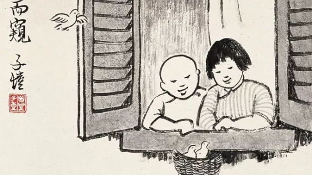 丰子恺喜欢在生活中寻找画作灵感，年幼的儿女们对他起了关键作用