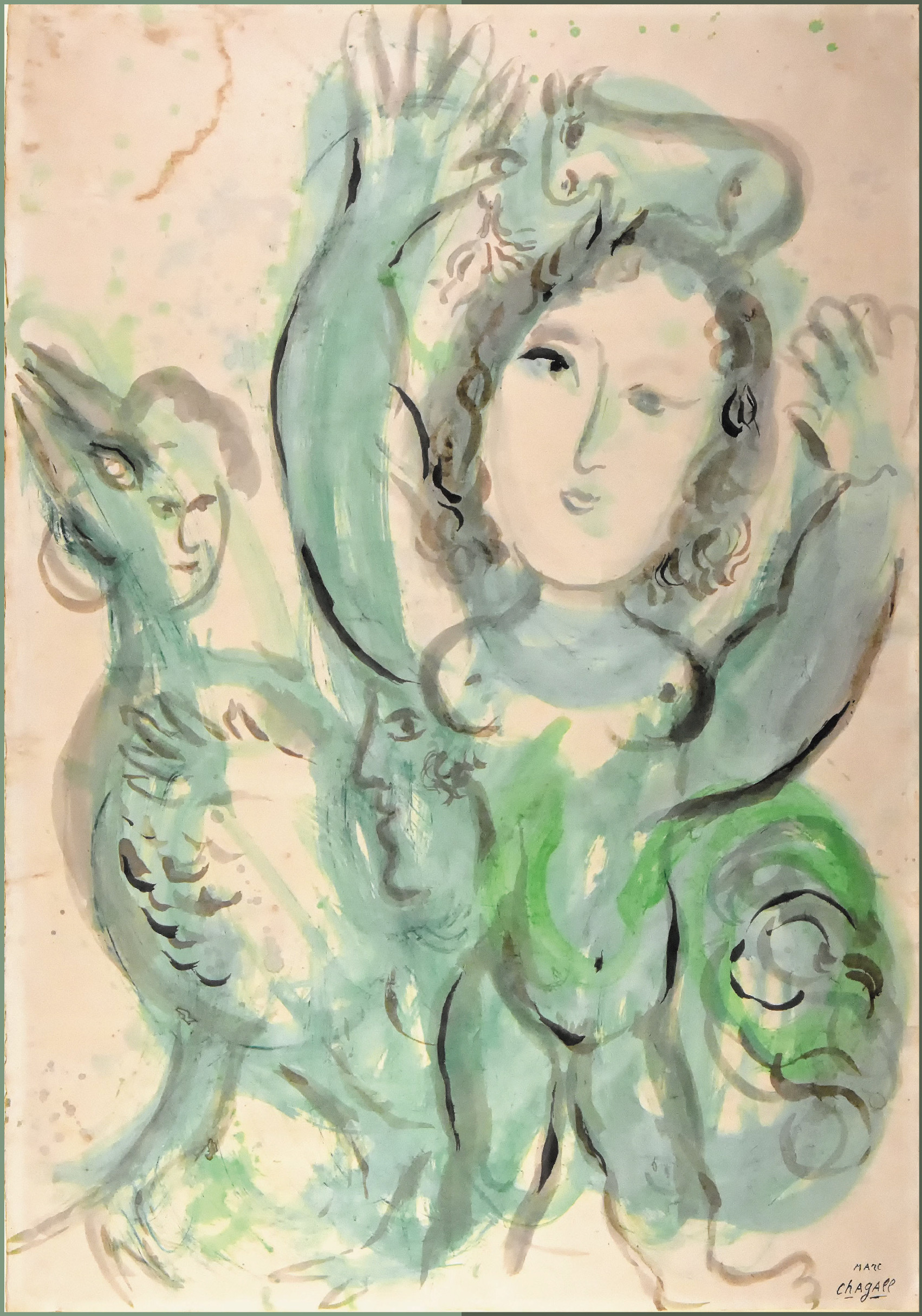 《绿色的侧影》Green Reflections  1964，纸本水彩  watercolor on paper  96.2X 67cmⓒ Marc Chagall / ADAGP, Paris - SACK, Seoul, 2021