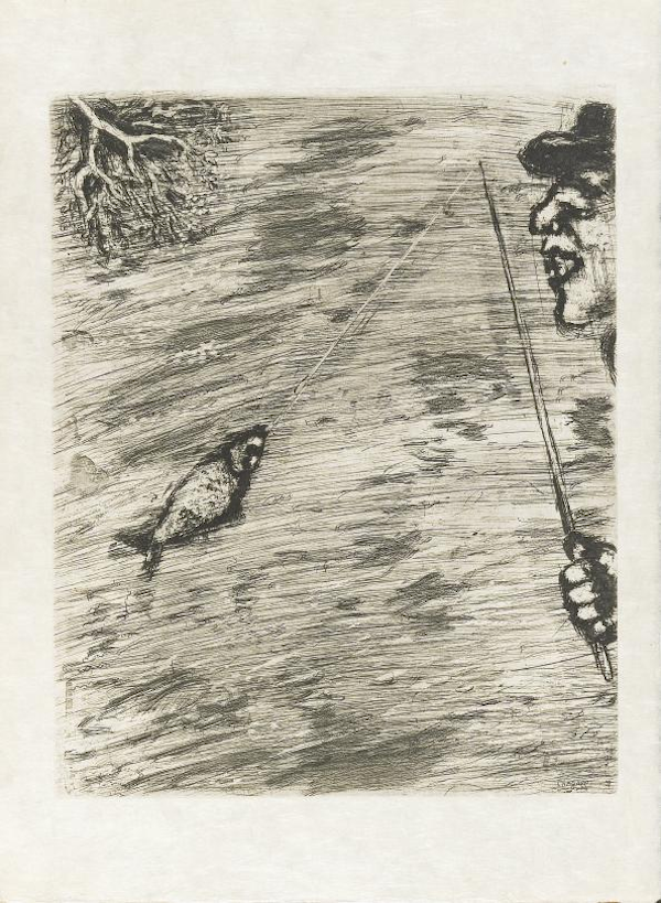 小鱼和渔夫《拉·封丹寓言》，（铜版画）蚀刻 The Little Fish and the Fisherman,Etching 30.0×24.0cm,1927-30-52 Marc Chagall,The Little Fish and the Fisherman“Fables”,1927-30-52, EtchingⓒMarc Chagall / ADAGP,Paris - SACK,Seoul,2021