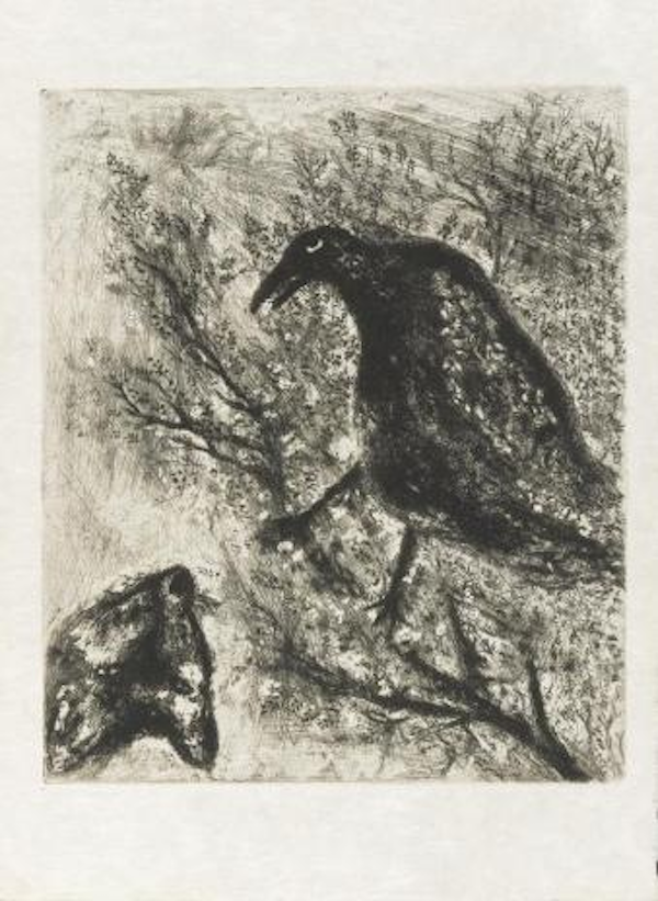 乌鸦和狐狸《拉·封丹寓言》，（铜版画）蚀刻 The Raven and the Fox,Etching 29.2×24.6cm,1927-30-52 Marc Chagall,The Raven and the Fox “Fables”,1927-30-52, EtchingⓒMarc Chagall / ADAGP,Paris - SACK,Seoul,2021