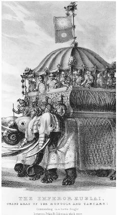 图9：西方画家笔下的忽必烈和士兵们乘坐象辇想象图