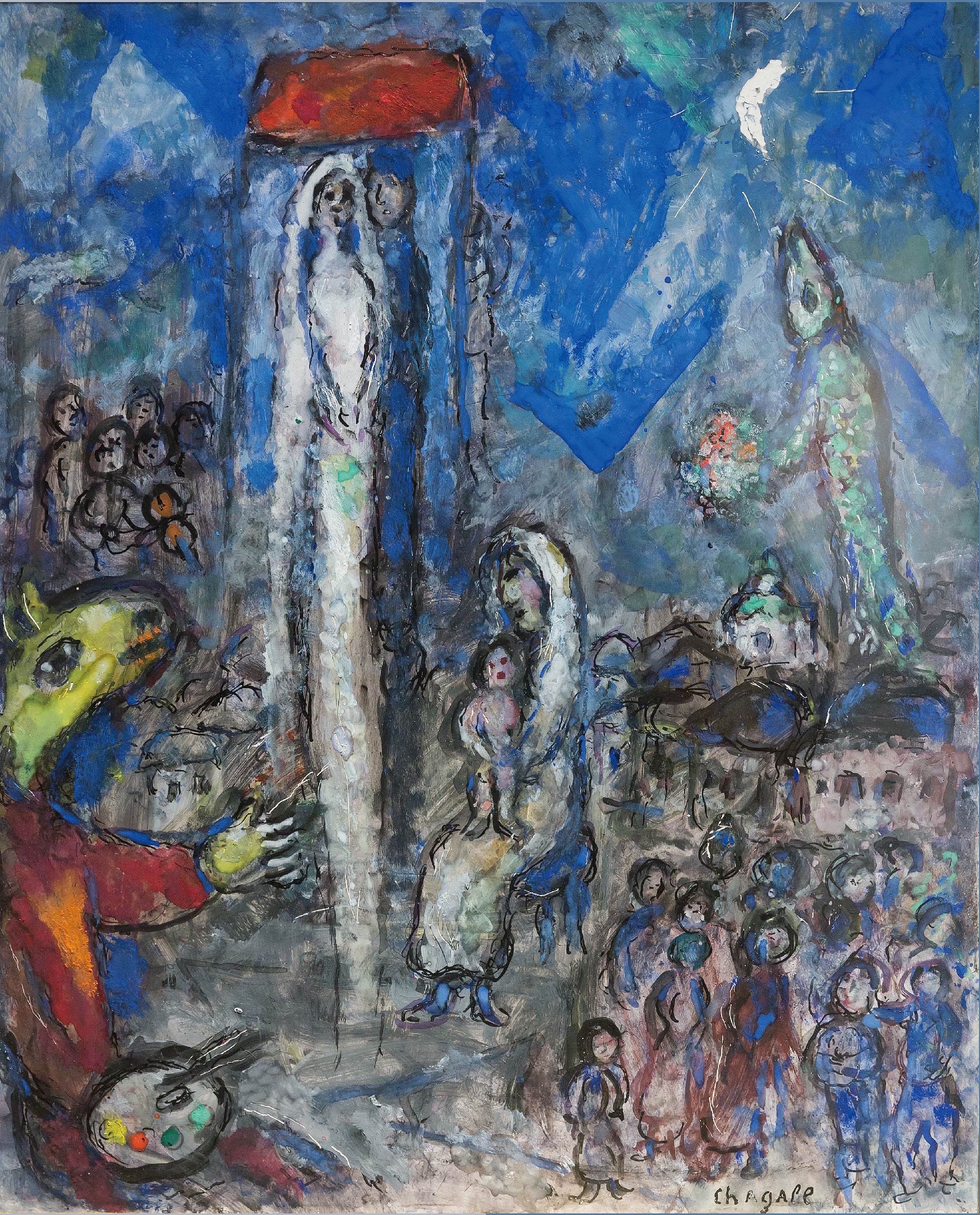 《苍穹下的婚礼》A Wedding under the Canopy  1981，坦培拉于石棉材料 Tempera on Masonite  40.6×31.7cmⓒ Marc Chagall / ADAGP, Paris - SACK, Seoul, 2021