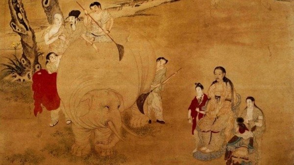 图12：丁观鹏《弘历洗象图》（局部），北京故宫博物院藏