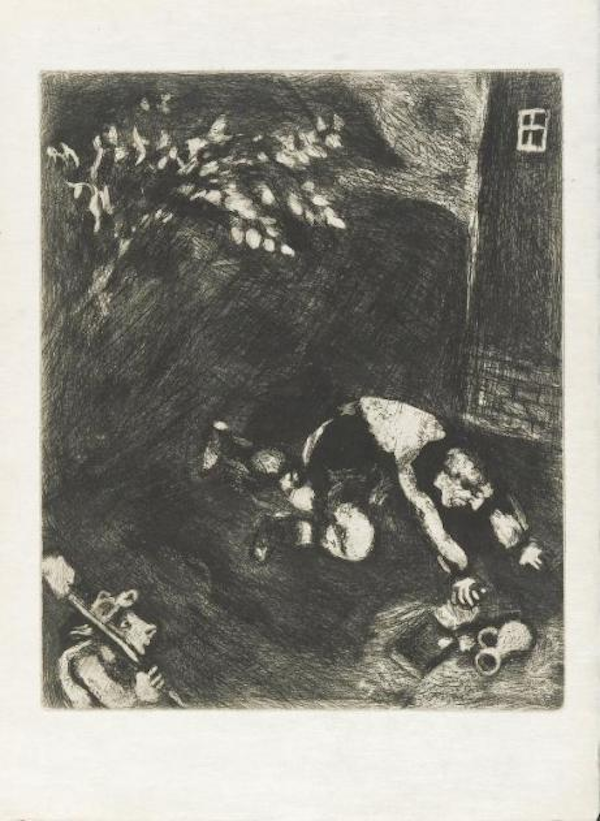 失去财宝的守财奴《拉·封丹寓言》，（铜版画）蚀刻 The Miser who Lost His Treasure,Etching 29.5×24.2cm,1927-30-52 Marc Chagall,The Miser who Lost His Treasure“Fables”,1927-30-52, EtchingⓒMarc Chagall / ADAGP,Paris - SACK,Seoul,2021