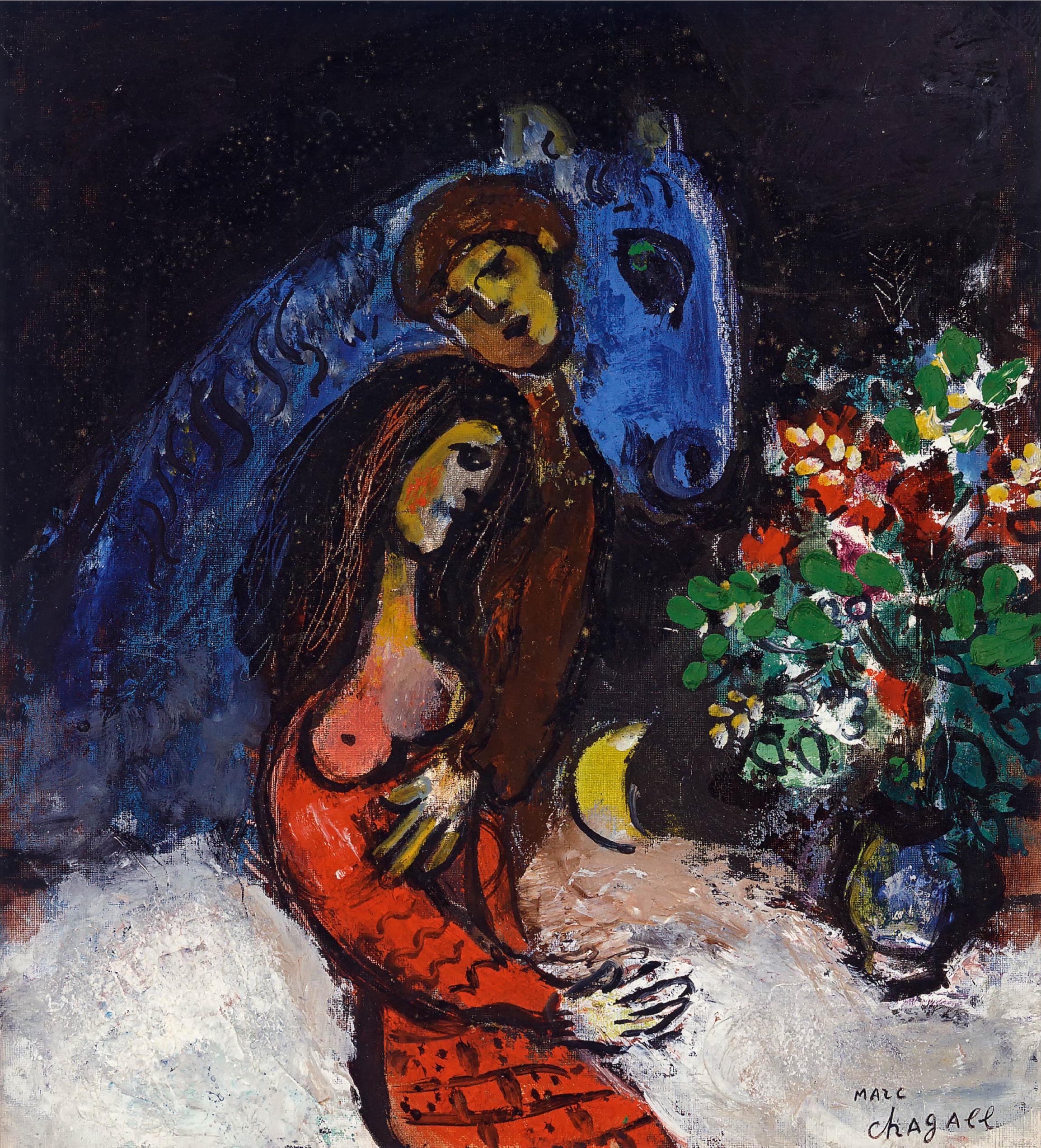 《恋人与蓝驴》 Lovers with the Blue Donkey  1955，布面油画 Oil on canvas  30×27cmⓒ Marc Chagall / ADAGP, Paris - SACK, Seoul, 2021