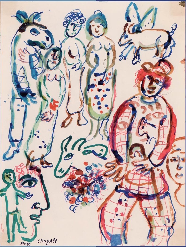 《小丑》The Clown  1980，纸本水粉、彩粉  Gouache and pastel on paper  89.5 X 62.7cmⓒ Marc Chagall / ADAGP, Paris - SACK, Seoul, 2021