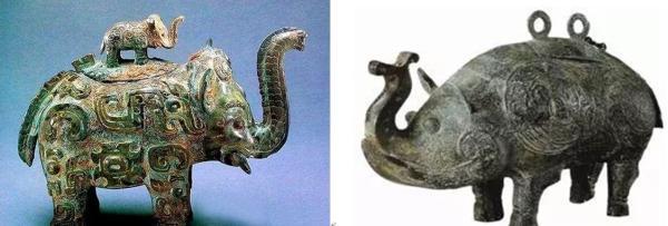 图2：商代夔纹象尊青铜器（左）和西周鸟纹象形尊（右）对比
