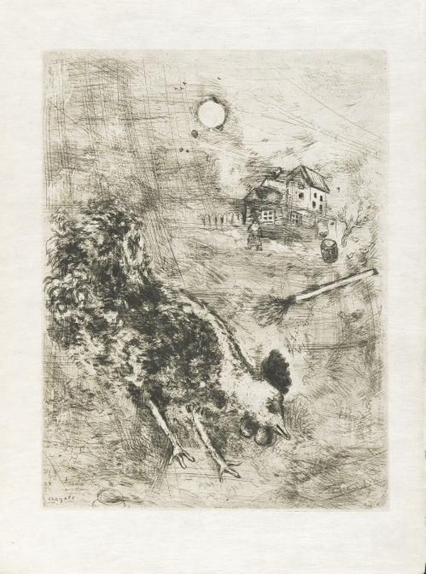 公鸡与珍珠《拉·封丹寓言》，（铜版画）蚀刻 The Rooster and the Pear ,Etching 30.0×23.0cm,1927-30-52 Marc Chagall,The Rooster and the Pear“Fables”,1927-30-52, EtchingⓒMarc Chagall / ADAGP,Paris - SACK,Seoul,2021