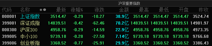 A股三大指数集体低开：创业板指跌0.77% 宁德时代跌4.38%