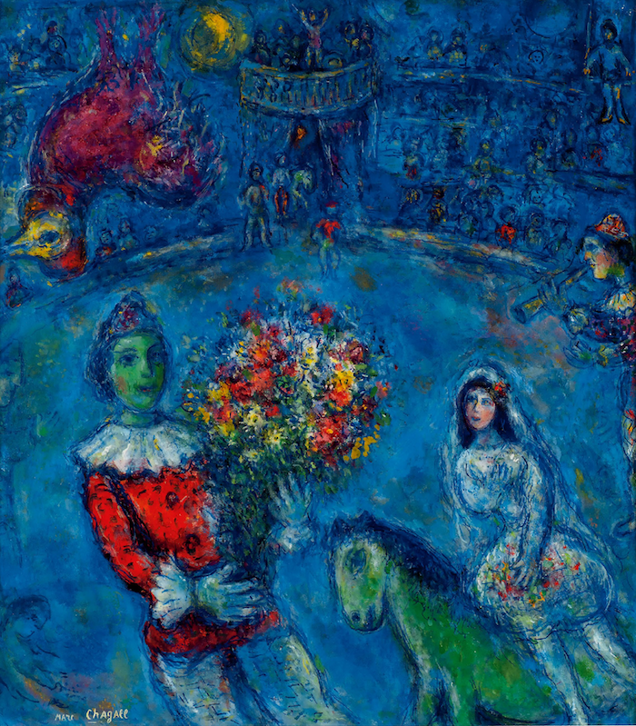 《紫罗兰公鸡》The Purple Rooster  1966-1972，油彩、水粉、墨于布面  Oil, gouache and ink on canvas   89.3×78.3cmⓒ Marc Chagall / ADAGP, Paris - SACK, Seoul, 2021