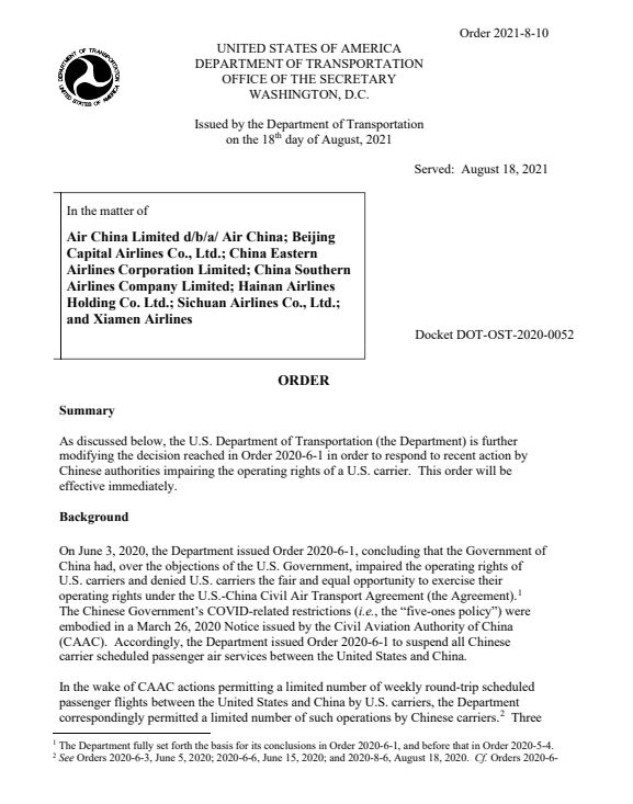 美交通部要求中国航司控制40%客座率 称中国熔断政策有违中美协议