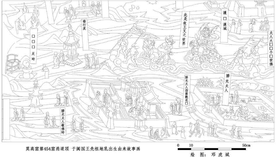 图2 第454窟甬道顶于阗国王先祖地乳出生由来故事画线描图