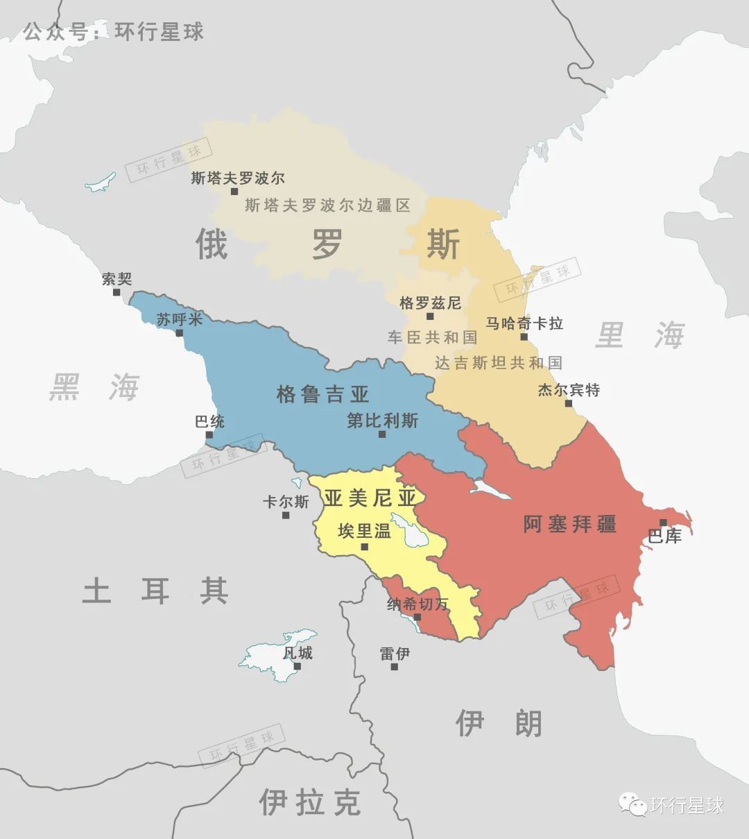俄罗斯的达吉斯坦共和国、车臣共和国 与南边的高加索三国 达吉斯坦共和国首府为马哈奇卡拉