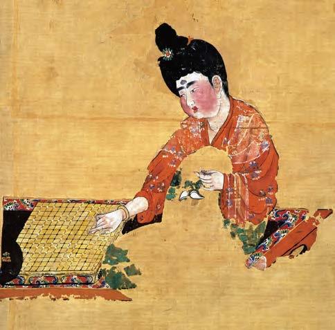 出土于新疆维吾尔自治区吐鲁番市阿斯塔那一八七号墓的天宝年间《弈棋仕女图》，图中仕女脸上画有大面积的酒晕妆，画拂云眉，额前贴花钿。新疆维吾尔自治区博物馆藏。