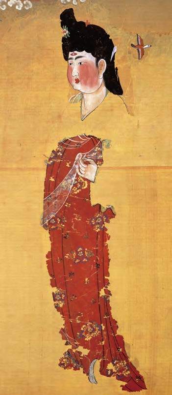 出土于新疆维吾尔自治区吐鲁番市阿斯塔那的天宝年间仕女图屏，仕女脸上画有大面积的酒晕妆，画拂云眉，额前贴花钿。新疆维吾尔自治区博物馆藏。