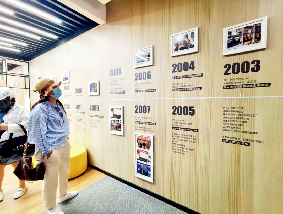 2020年5月,江苏南京市,一家新东方学校内展出的十年发展历程.