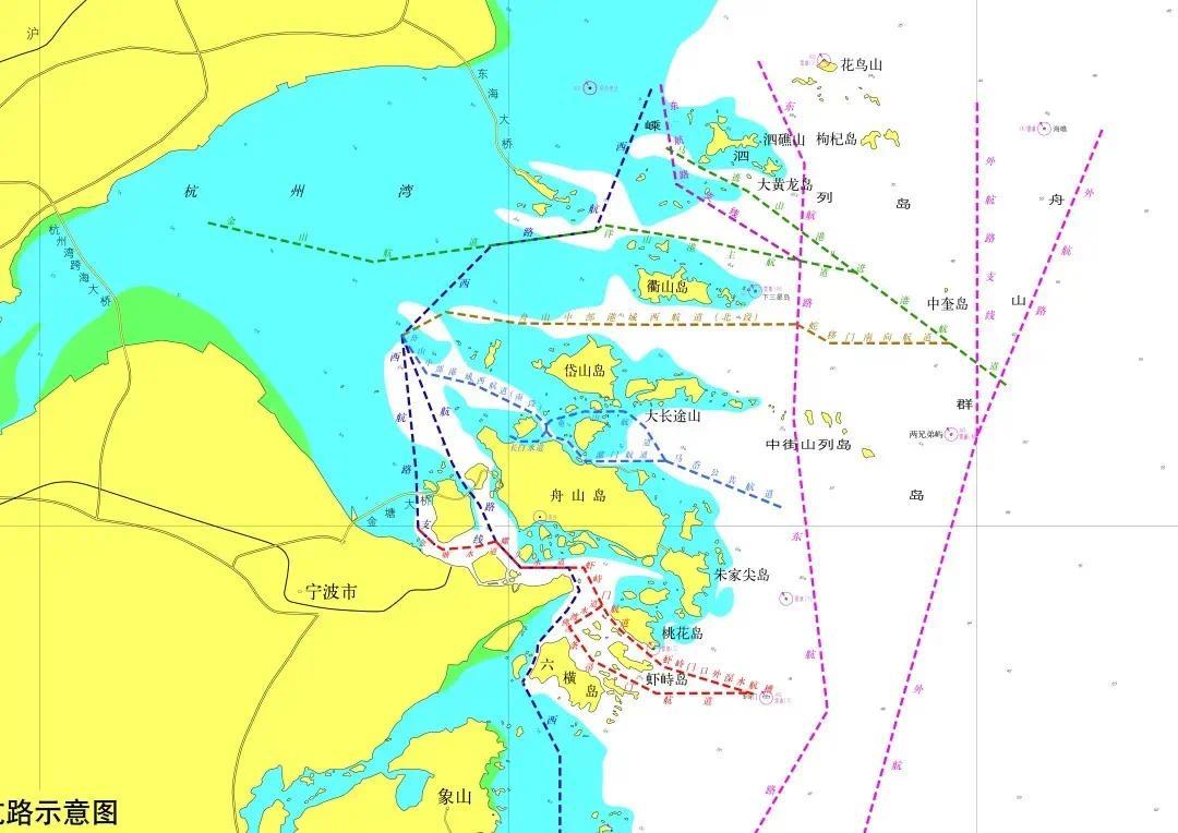 舟山北部港區進港航路:由馬跡山港進港航道,洋山港主航道,金山航道