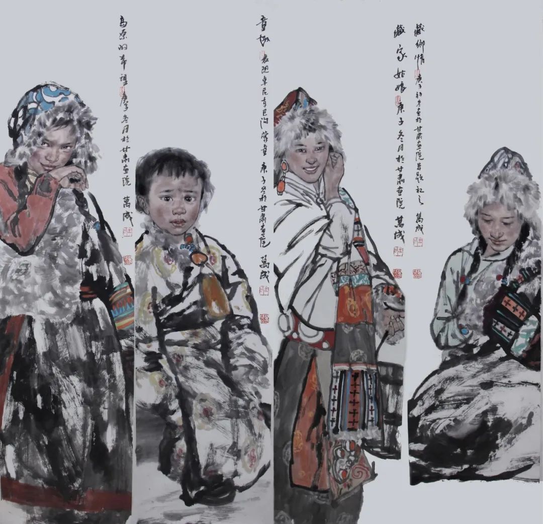 【人物四条屏】 设色纸本 136x34cmx4 2020年