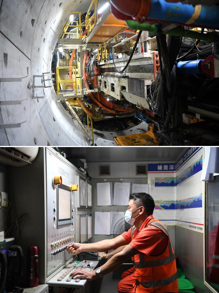 这是一张拼版照片：上图为在穗莞深城际机前段工程施工现场，盾构机在地下掘进（10月1日摄）；下图为技术人员操作盾构机进行工作（10月1日摄）。新华社记者 梁旭 摄