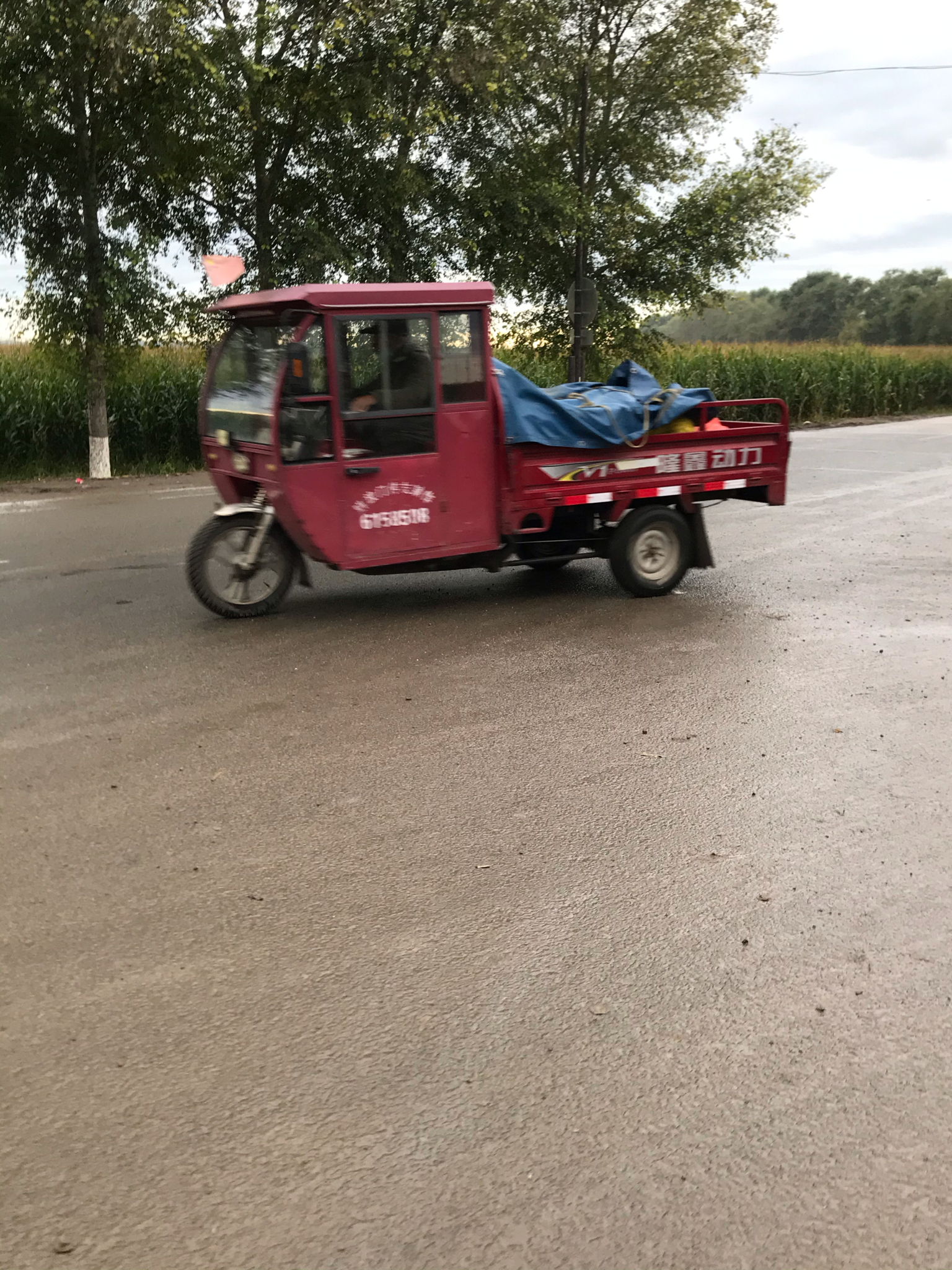 正在鄉村道路上行駛的電動三輪車