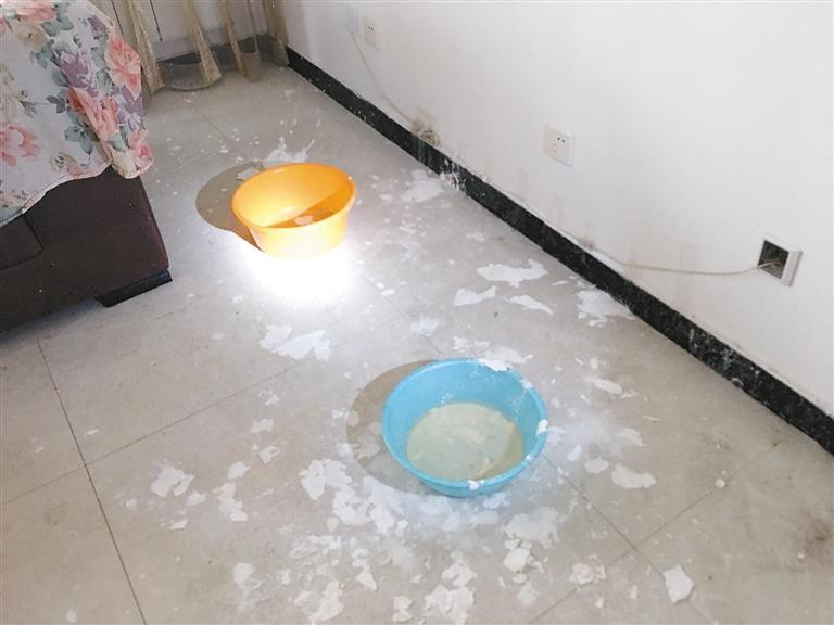 孙女士用塑料盆接漏下来的雨水