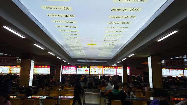 河南一高校餐厅出现英语天花板，学生抬头就能记单词