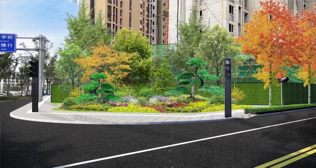 适时新增补栽苗木种类,在主要道路节点设计布置景观绿雕,确保园林绿化