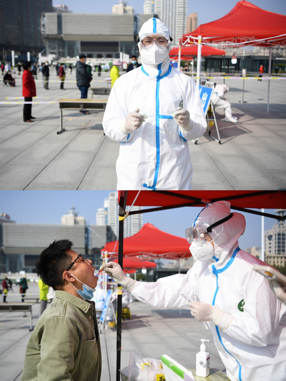 拼版照片：上图为甘肃省人民医院医务人员高婷婷在兰州市城关区东方红广场核酸检测点；下图为高婷婷（右）在核酸检测点为市民核酸采样（10月22日摄）。新华社记者 陈斌 摄