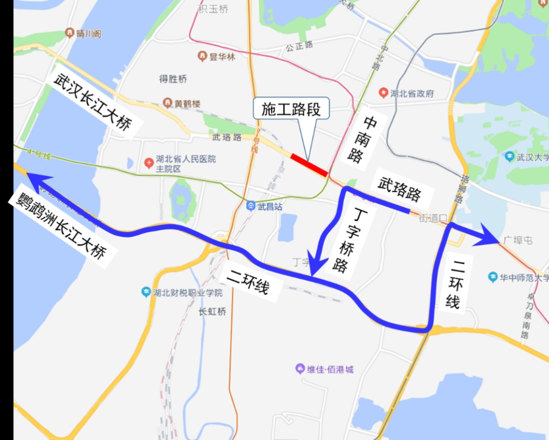 原通過武珞路—長江大橋—江漢一橋往來武昌,漢口方向的車輛可繞行