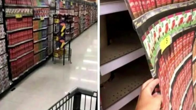 美国：一家超市货架上用“纸可乐”掩盖缺货现象