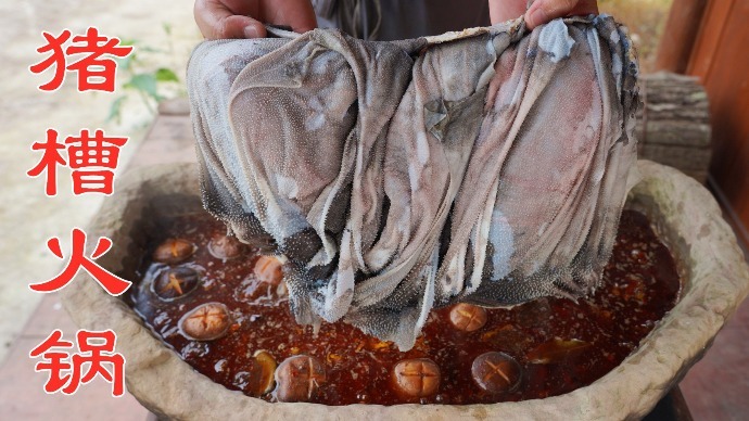 小伙突发奇想用猪槽煮火锅，整个毛肚边撕边烫，别有一番风味！