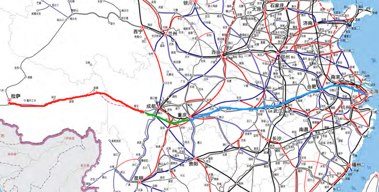 紅線為川藏鐵路,綠線為渝雅鐵路,藍線為沿江通道.圖源交通運輸部.