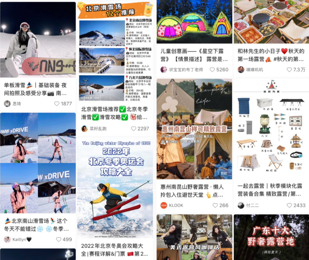 小红书上的滑雪、露营内容