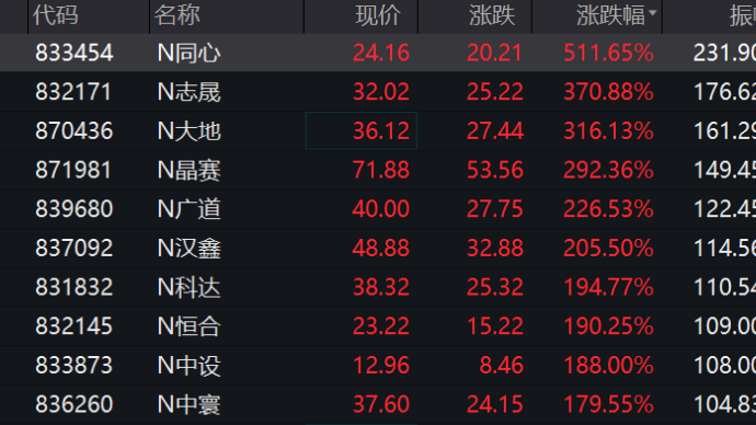 北交所开市首日：新股猛涨 N同心大涨500%