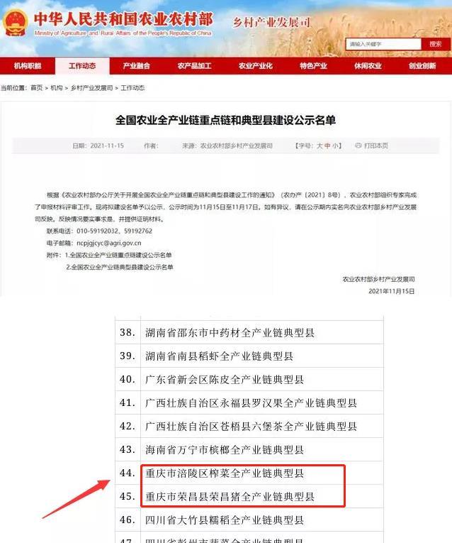 涪陵、荣昌榜上有名。图源：农业农村部官网