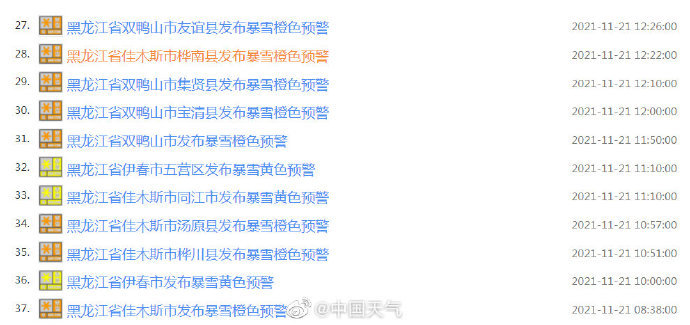 黑龙江连发37个暴雪预警信号 这些地方降雪集中时段持续36小时